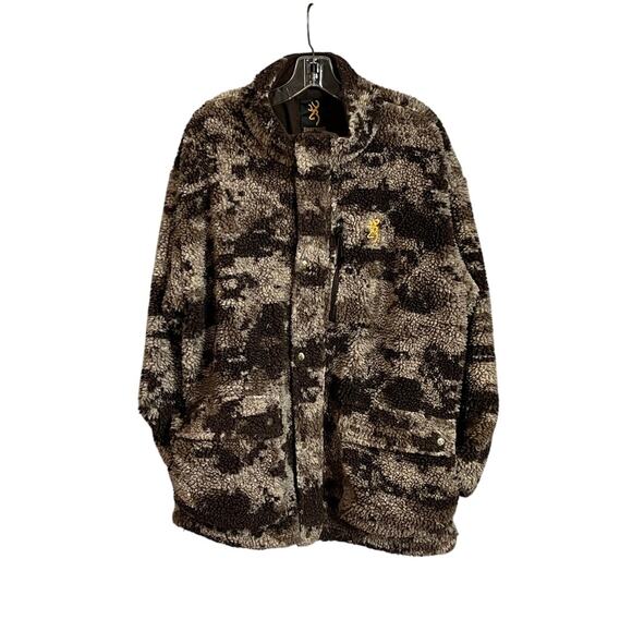 Vtg Browning Wool Blend Sherpa Fleece Camo Hunting Jacket SZ Large
